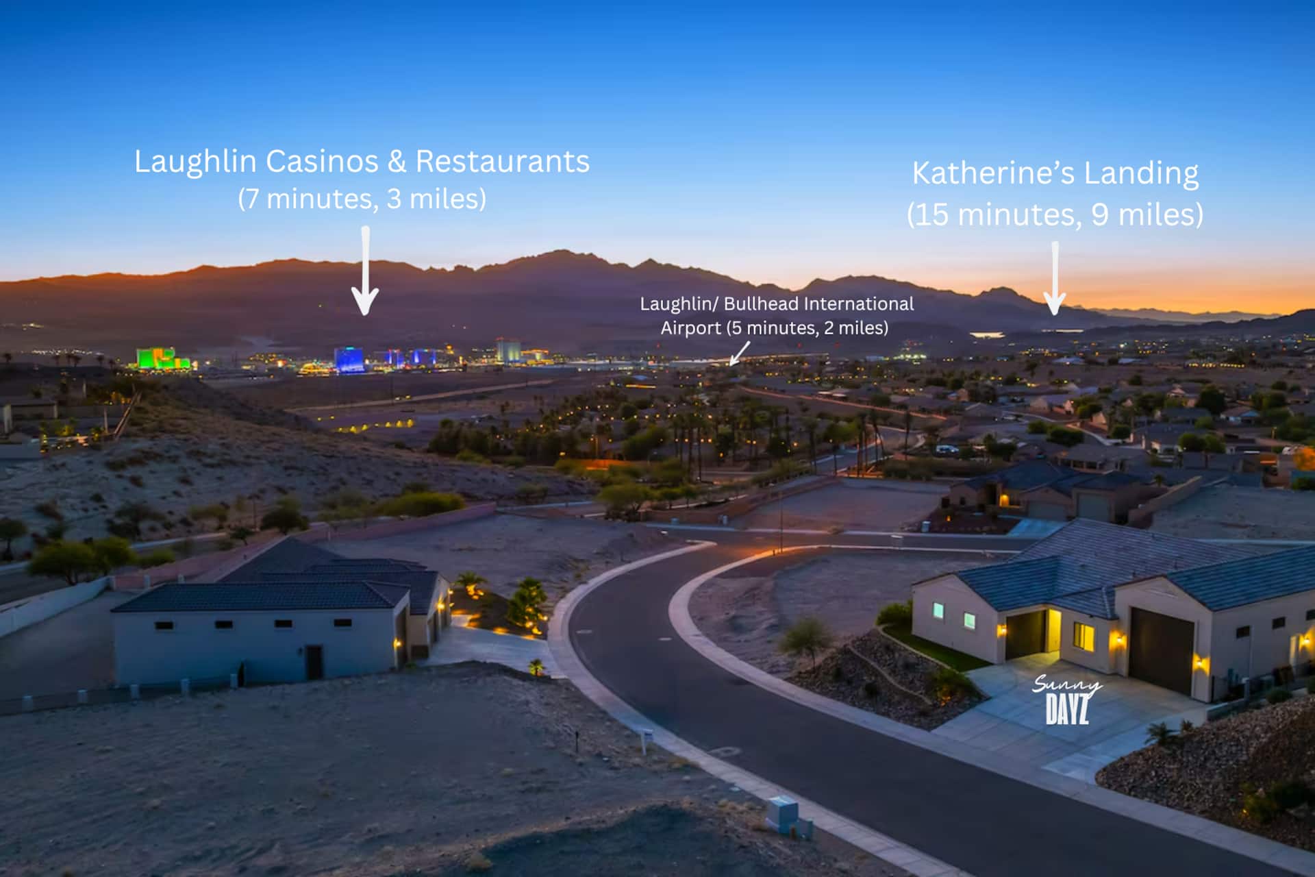Aerial view showing SunnyDayz location near Laughlin casinos and Katherine's Landing