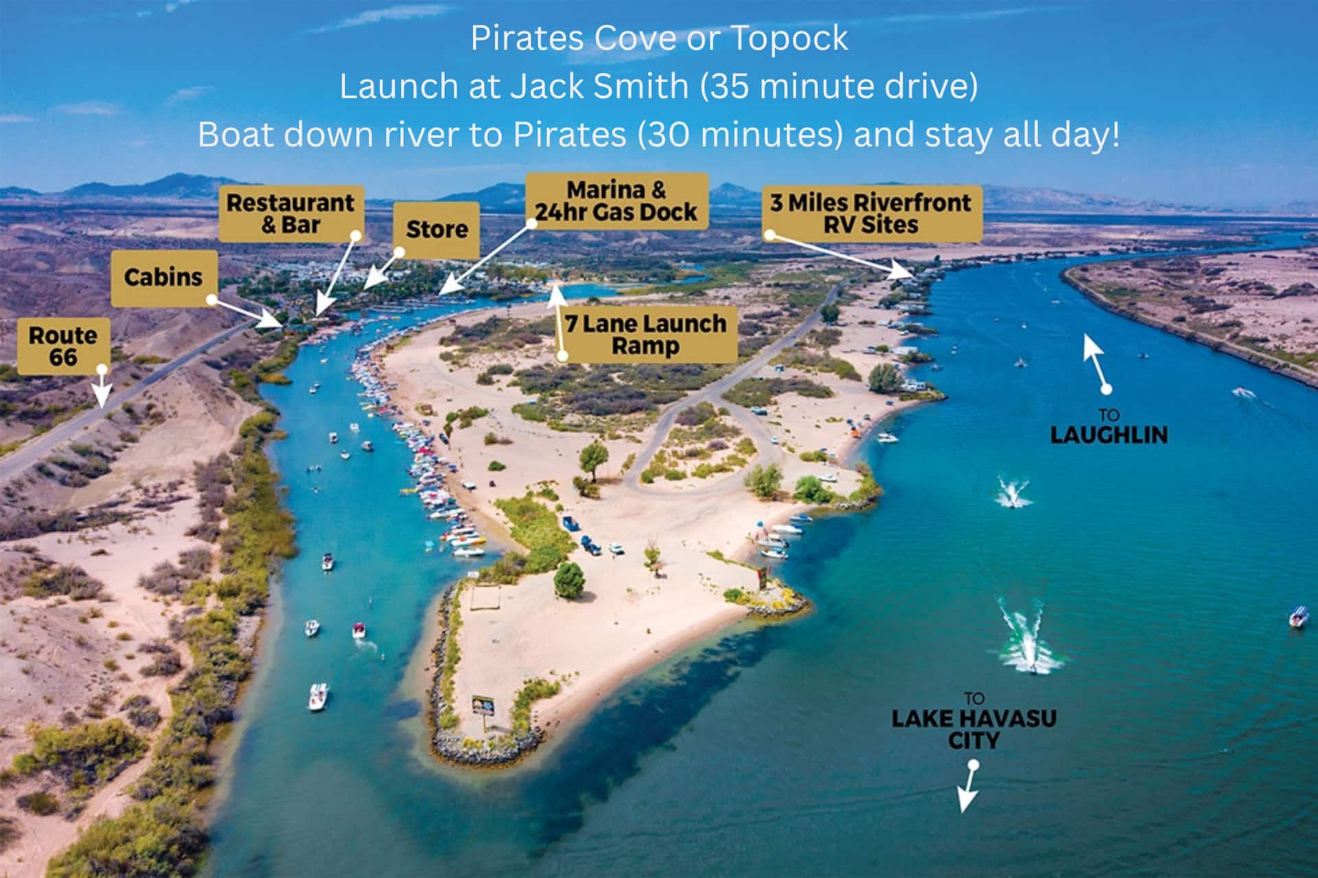 Pirates Cove aerial view with marina and river
