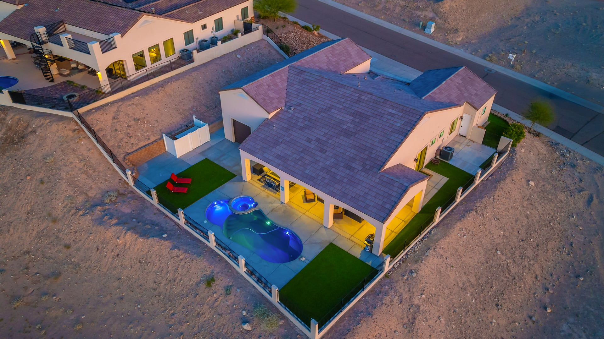 Aerial view of home and pool