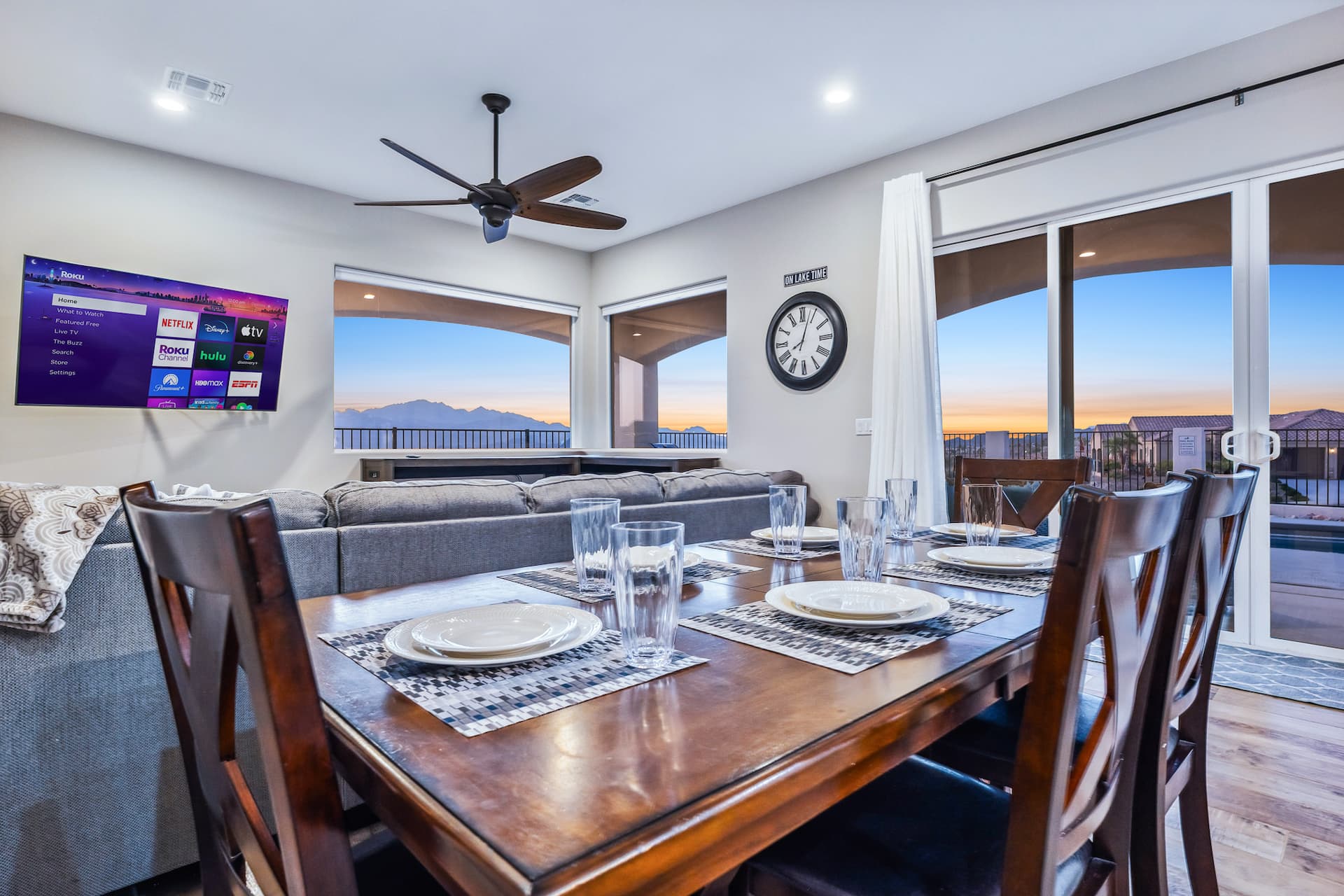 Dining area with mountain sunset views